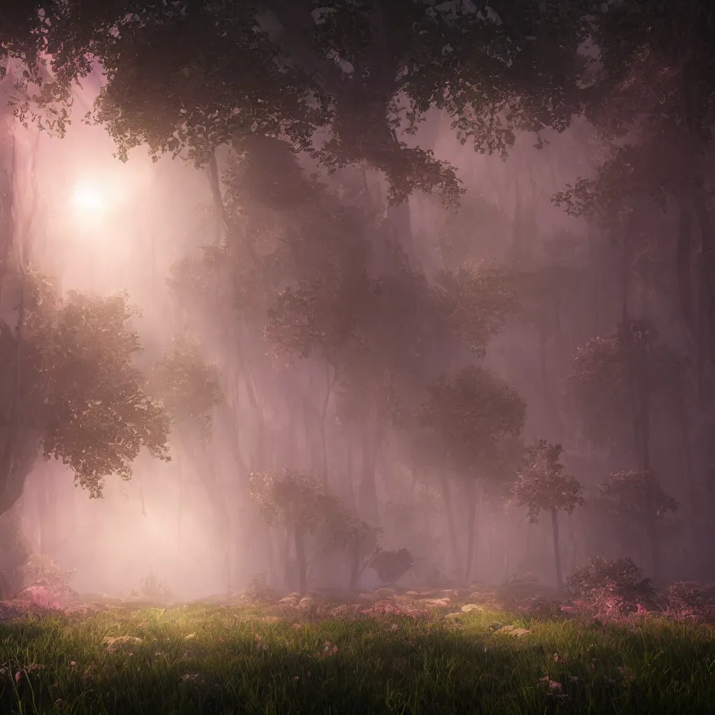 Prompt: fantasy with earth forest and meadow magic, at gentle dawn pink light, cinematic lighting, volumetric lighting, smooth, sharp focus, highly detailed, render in unreal engine 5, artstation, deviantart, behance, trending,, epic composition, hd, octane, unreal engine, volumetric lighting, light rays, masterpiece, award - winning