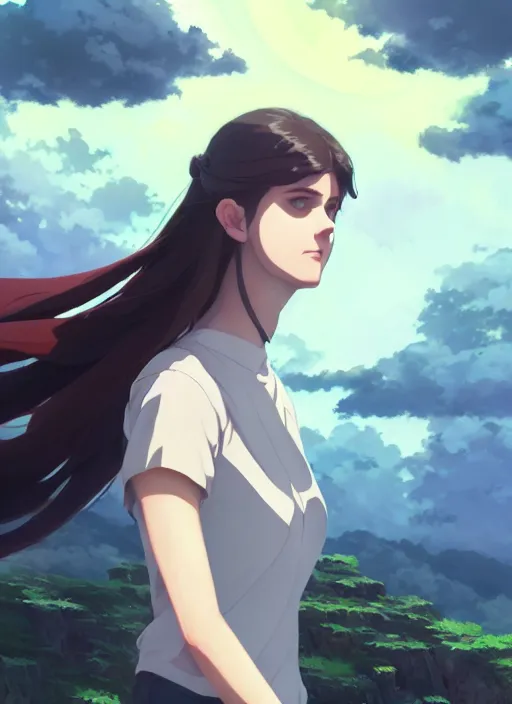 Image similar to portrait of alexandra daddario, cloudy sky background lush landscape illustration concept art anime key visual trending pixiv fanbox by wlop and greg rutkowski and makoto shinkai and studio ghibli