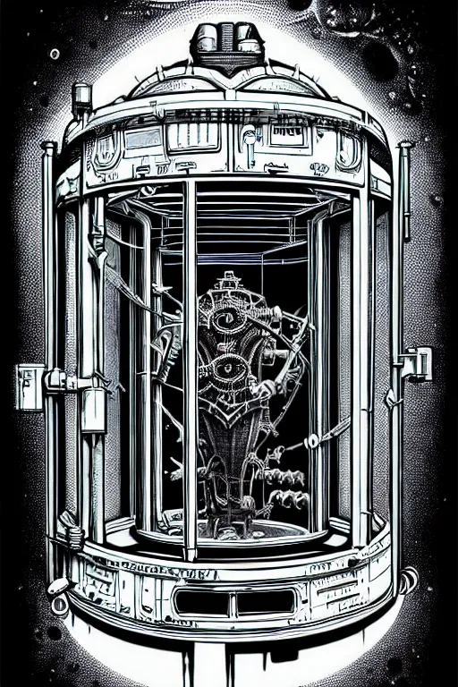 Image similar to steampunk cryo chamber containing an grey aien, high details, intricately detailed, by vincent di fate, inking, 3 color screen print, masterpiece, trending on artstation,, sharp, details, hyper - detailed, hd, 4 k, 8 k