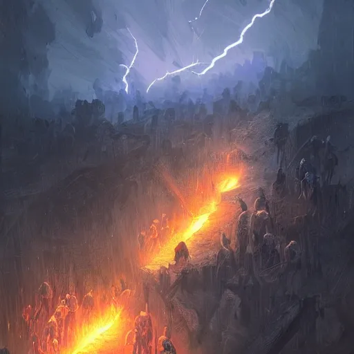 Image similar to a magical lightning storm destroys a goblin army, digital art, greg rutkowski