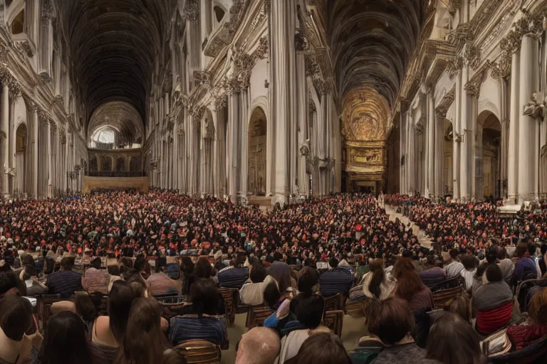 Image similar to huge crowd listens to a hermeneutic pipe organ concert in a vast basilica, matte painting, scenic full shot, ambient lighting, by makoto shinkai, artgerm, oil painting by caravaggio and goya