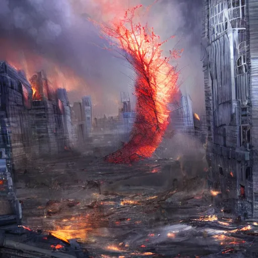 Prompt: damaged city, high - tech, concept art, forest, fire tornado, high resolution