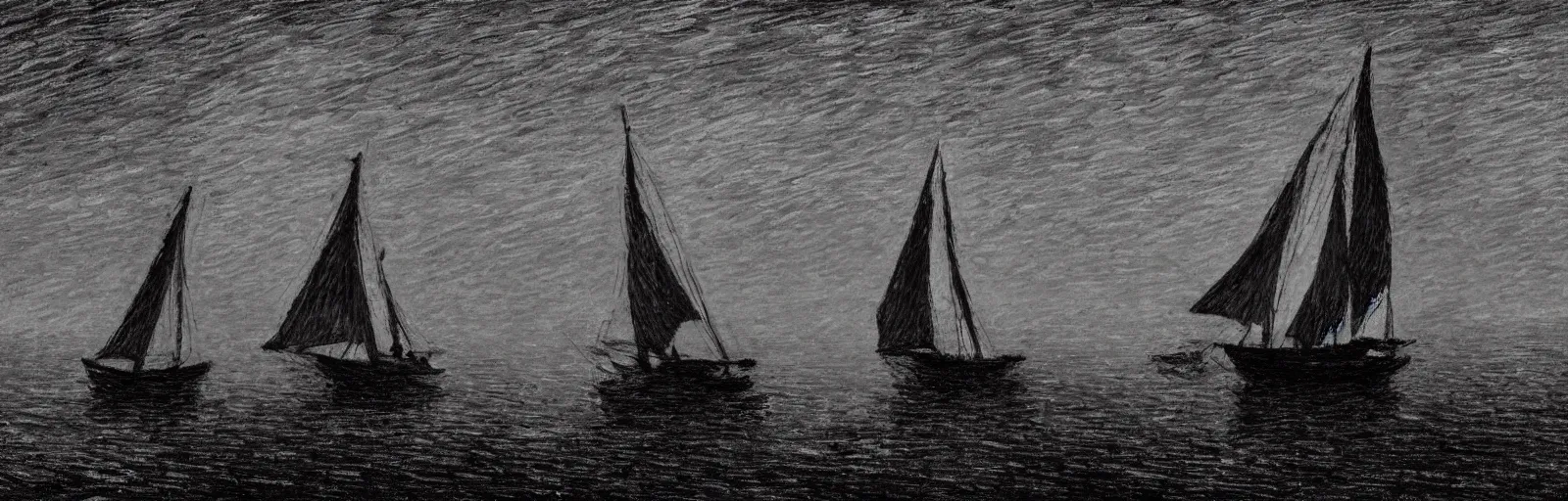 Image similar to An aesthetically pleasing, dynamic, energetic, lively, well-designed digital art of a sailboat on the ocean at night in a low mist, light and shadow, chiaroscuro, by Claude Monet and Vincent Van Gogh, superior quality, masterpiece, excellent use of negative space. 8K, superior detail.