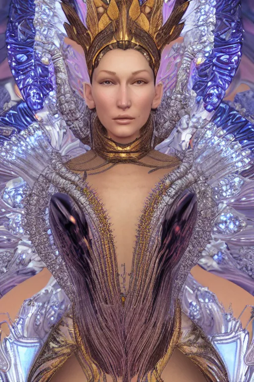 Image similar to a highly detailed metahuman 4 k close up render of an alien goddess bella hadid as deity in iris van herpen dress schiaparelli in diamonds crystals swarovski and jewelry in style of alphonse mucha gustav klimt trending on artstation made in unreal engine 4