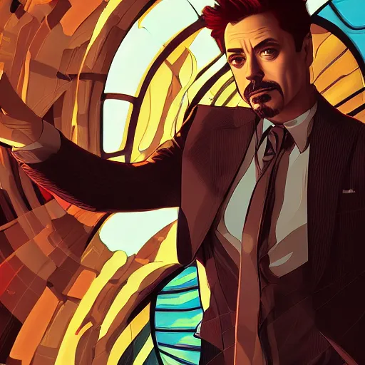 Prompt: Robert Downey Jr as Tony Stark, ambient lighting, 4k, alphonse mucha, lois van baarle, ilya kuvshinov, rossdraws, artstation