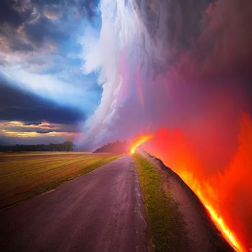 Prompt: amazing photo of a tornado made of fire, digital art, by marc adamus, beautiful dramatic lighting