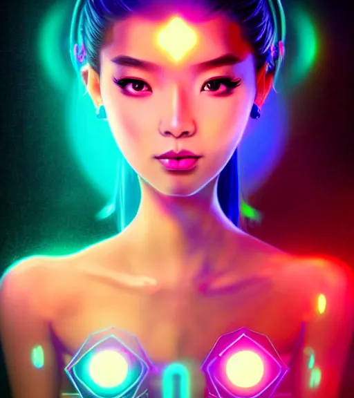 Image similar to symmetry!! asian princess girl of technology, solid cube of light, hard edges, product render retro - futuristic poster scifi, lasers and neon circuits, beautiful asian princess girl, intricate, elegant, highly detailed, digital painting, artstation, concept art, smooth, sharp focus, illustration, dreamlike, art by artgerm