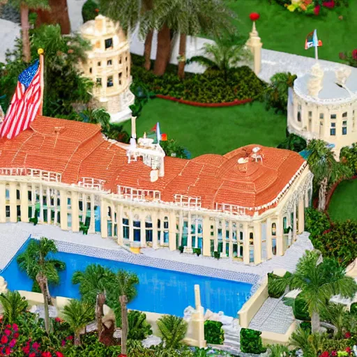 Image similar to mar - a - lago lego set, fbi agents on the lawn, raid, tilt shift photography