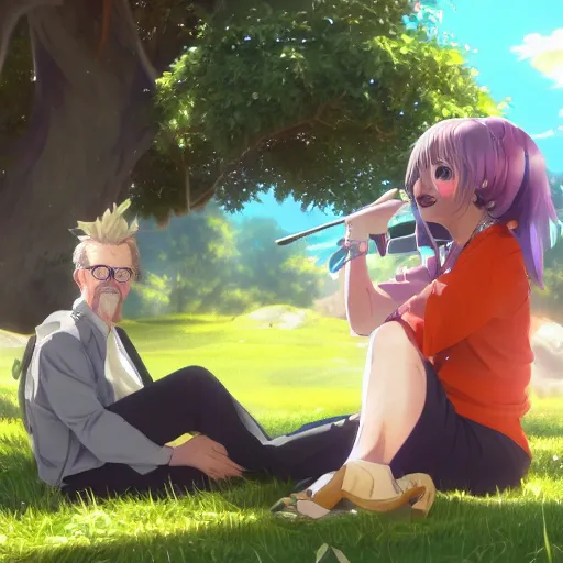 Prompt: photorealistic Adam Savage and Jamie Hyneman meets a beautiful smiling anime girl with black hair and hime cut sitting under a tree, anime key visual, digital art, anime screenshot, kyoto animation, makoto shinkai, trending on artstation