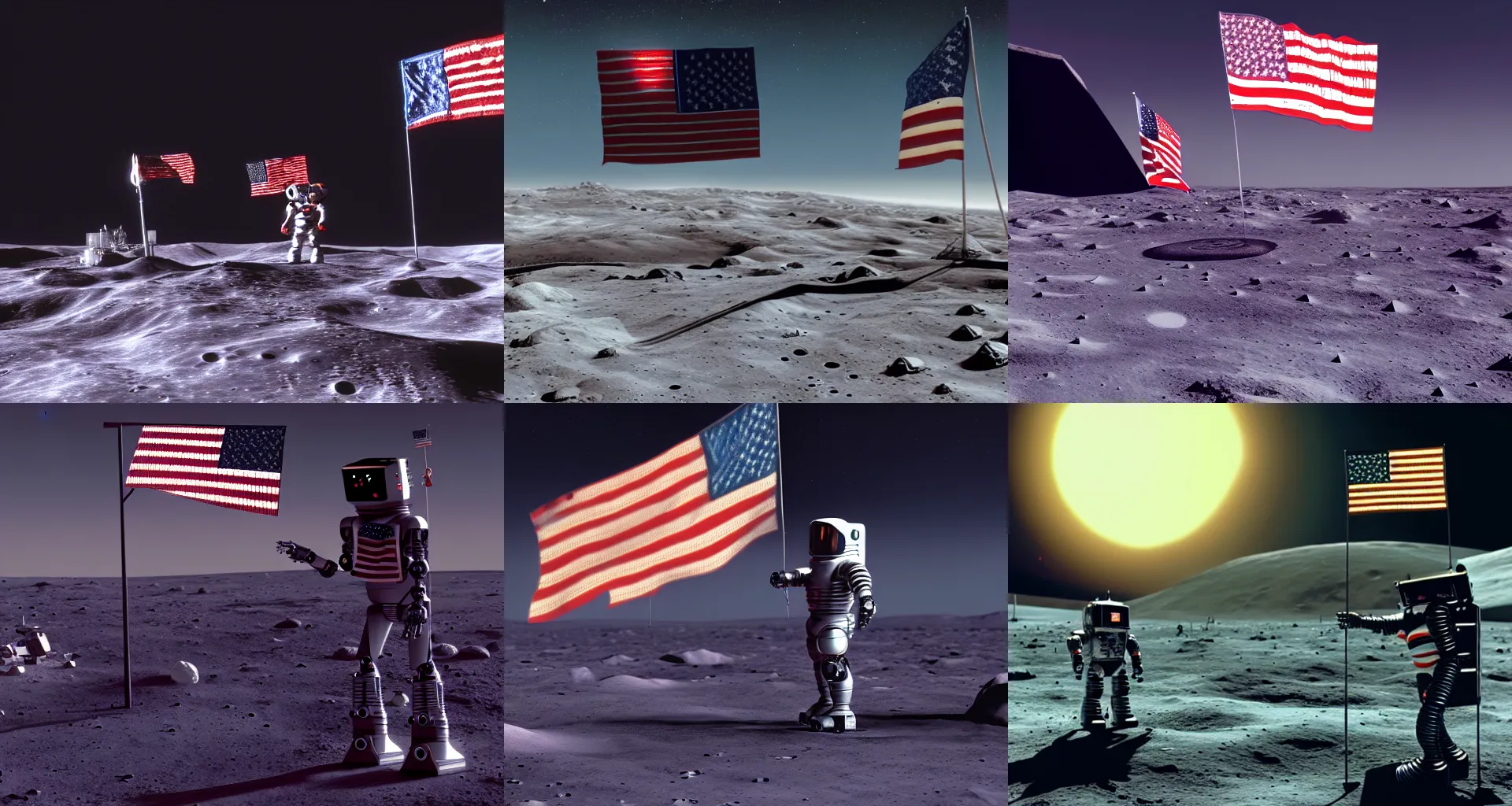 Prompt: a robot holding an american flag on the moon, matte painting by Vincent Di Fate and Peter Elson, featured in artstation, octane render, cinematic, elegant, intricate, 8k