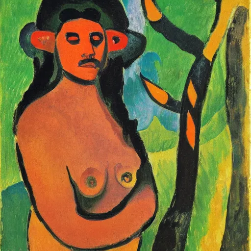 Image similar to painting of a tiger, and young native american woman, in a jungle, by alexej von jawlensky