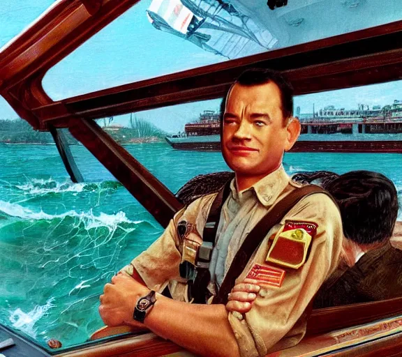 Prompt: Tom hanks as forrest gump sitting in a giant shrimp boat, majestic beautiful world, digital art, amazing detail, artstation, in the style of norman rockwell