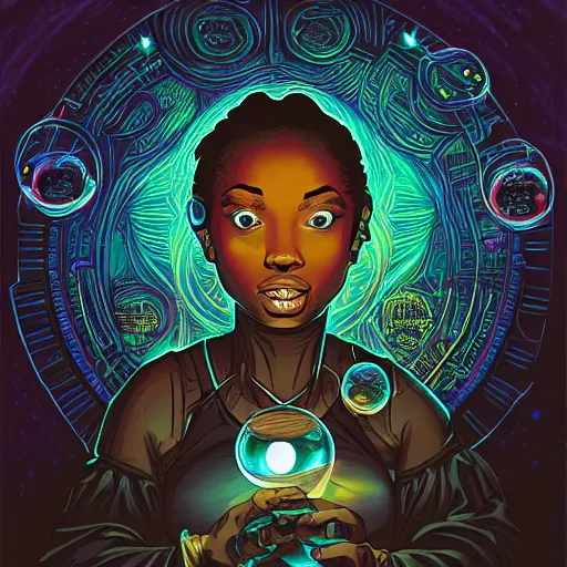 Prompt: a black girl in a steampunk alchemy lab with glowing bubbles of light by dan mumford, oil on canvas