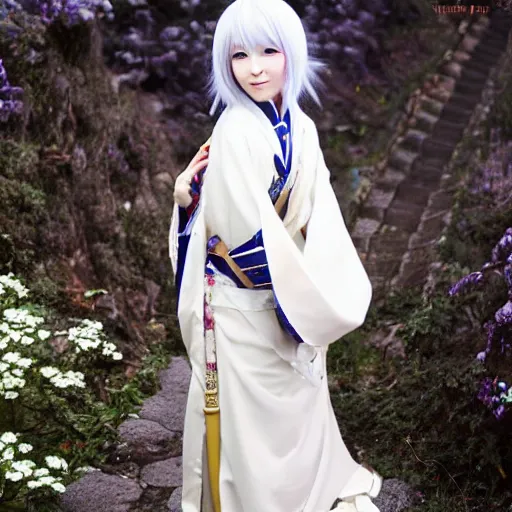 Image similar to full body shot of a japanese princess young lady, beauty, with a long white, white hair, ganyu cosplay, artwork by Akihiko Yoshida