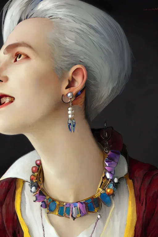 Prompt: close-up Howl from Howl's Moving Castle with white hair, small pearl earrings, pearl necklace, colourful clothes, fantasy, portrait, highly detailed, digital painting, artstation, concept art, sharp focus, illustration, art by greg rutkowski and alphonse mucha, oil painting by John Ward, by Arthur Walker, by Vermeer,