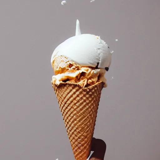 Image similar to a photograph of a dangerously bloated ice cream cone about to explode