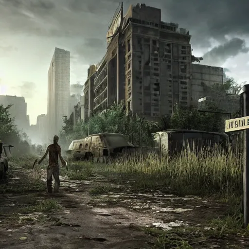 Prompt: a deserted zombie outbreak city, vegetation, post modern, post apocalyptic, the last of us, the walking dead, high definiton, high detail, ultra realistic, high quality, hyper realistic, 4 k uhd,