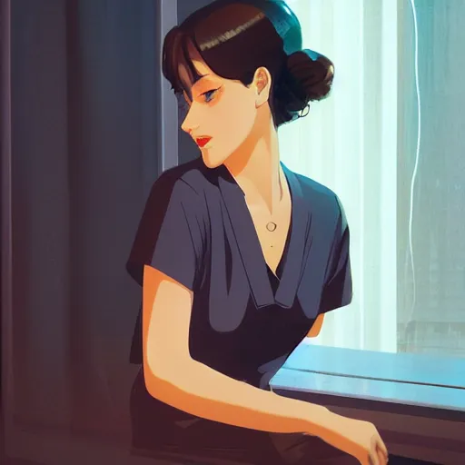 Image similar to portrait of a beautiful girl with dark hair that's styled in a 1940's fashion, dressed in a white t-shirt, sitting in an apartment alone at night, by window that overlooks futuristic city, nighttime, low-key neon lighting, 4k, HQ, official media, anime key visual, makoto shinkai, ilya kuvshinov, lois van baarle, rossdraws, detailed, trending on artstation