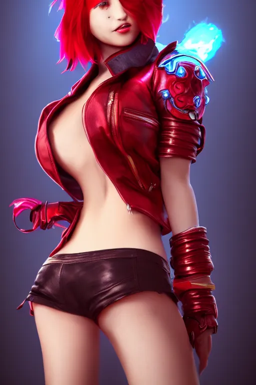 Image similar to a girl with short red hair, cool, vi from arcane, league of legends, fighter, cool red jacket, tattoo, beautiful, 3 d, potrait, art staion, studio light, closeup shot, octane render, wlop, realistic, neon