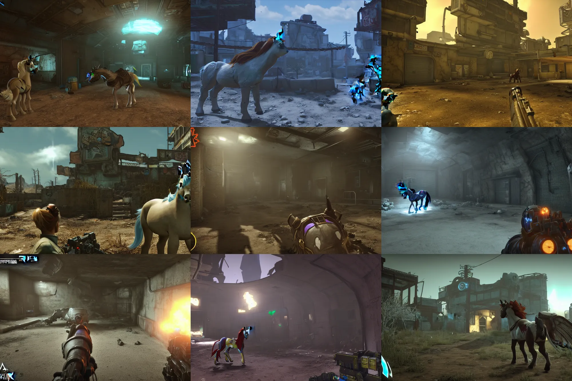 Prompt: ps 4 fps gameplay screenshot | fallout : equestria | quadrupedal, unreal engine 5, 8 k, my little pony : friendship is magic, fallout, crossover | white unicorn pony with brown mane spelunking dark decrepit vault tunnels, underground, metal walls and ceiling, cramped corridors, overhead lighting, lighting the way with her green magic
