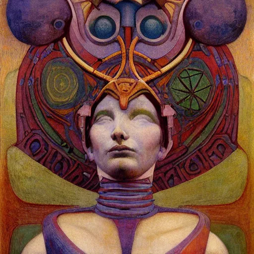 Image similar to the robot queen wearing her bird mask, by annie swynnerton and diego rivera and elihu vedder and jean delville, symbolist, dramatic lighting, elaborate geometric ornament, head and shoulders view, art brut, soft cool colors, smooth, sharp focus, extremely detailed, adolf wolfli, leo and diane dillon, nicholas roerich