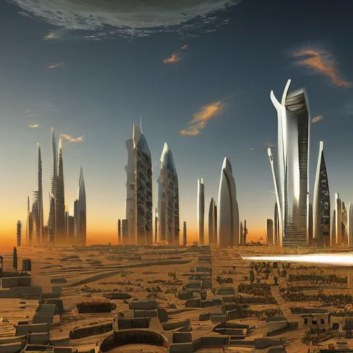 Prompt: a futuristic city in the desert during sunset, lake view, ultra realistic, highly detailed, award winning