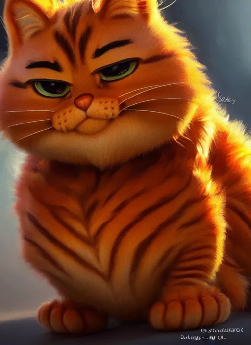 Image similar to photo of a gorgeous young garfield in the style of stefan kostic, realistic, sharp focus, 8k high definition, insanely detailed, intricate, elegant, art by stanley lau and artgerm