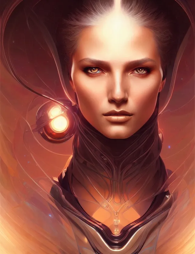 Image similar to futuristic woman portrait, sci-fi, amber eyes, face, long hair, fantasy, intricate, elegant, highly detailed, digital painting, artstation, concept art, smooth, sharp focus, illustration, art by artgerm and greg rutkowski and alphonse mucha