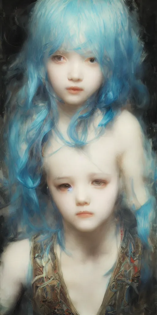 Prompt: little girl with blue hair. By Ruan Jia. Ayami Kojima. Masterpiece