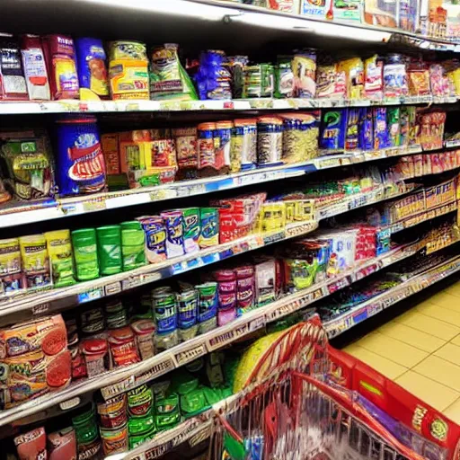 Image similar to bodega filled with groceries, produce, cans, soda, lottery tickets, and cigarettes with Hispanic customers.