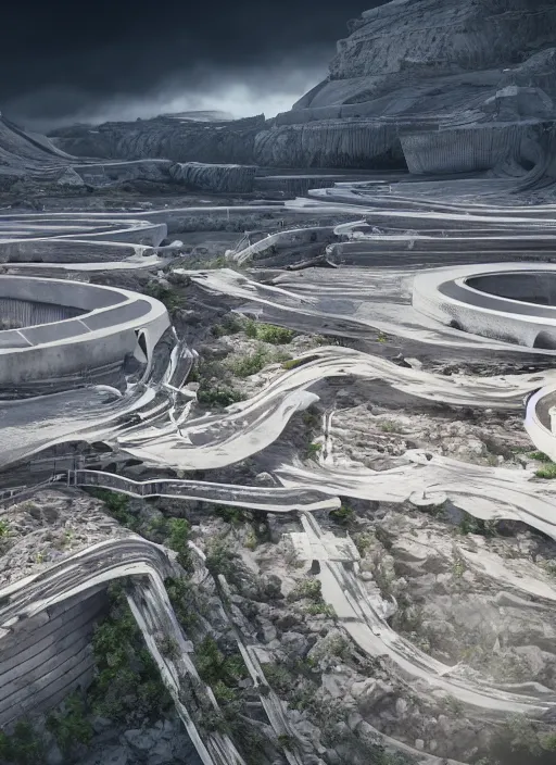 Image similar to techno chuquicamata bioremediation white mining tailing futuristic horizontal architecture, epic, cinematic, hyperealistic, high detailed, corona render, hdr, ray tracing