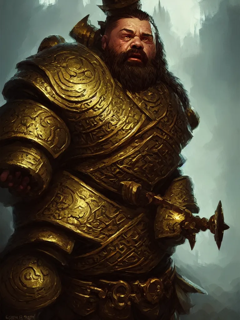 Image similar to a dwarf cleric dnd character, ornamented armor, oil painting, Tooth Wu, Greg Rutkowski, RPG portrait, dynamic lighting, fantasy art, High contrast, depth of field