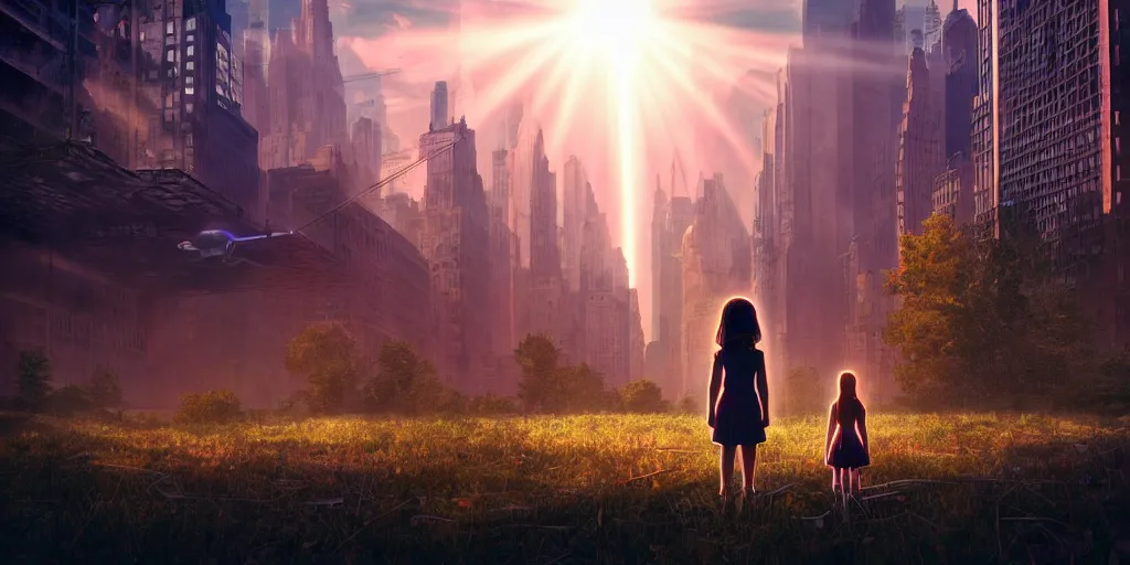 Image similar to textless sci - fi scene future new york cityscape, little girl in manhattan holding hand of giant robot, lonely girl, forest punk, crepuscular rays, epic scene, hyper realistic, photo realistic, overgrowth, cinematic atmosphere, ethereal lighting,