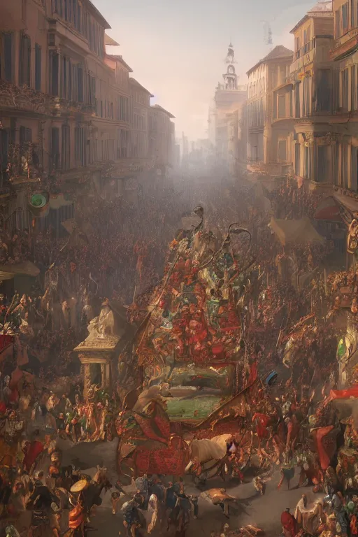 Image similar to Goethe in crowded streets, carnival Rome in 1789, matte painting, concept art, , octane render, trending on artstation, artstationHD, artstationHQ, unreal engine, 4k, 8k