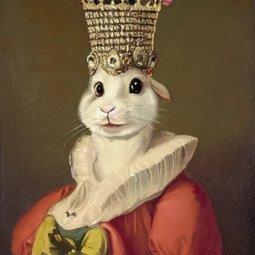 Image similar to a rabbit wearing a crown dressed as a queen, 18th century oil painting