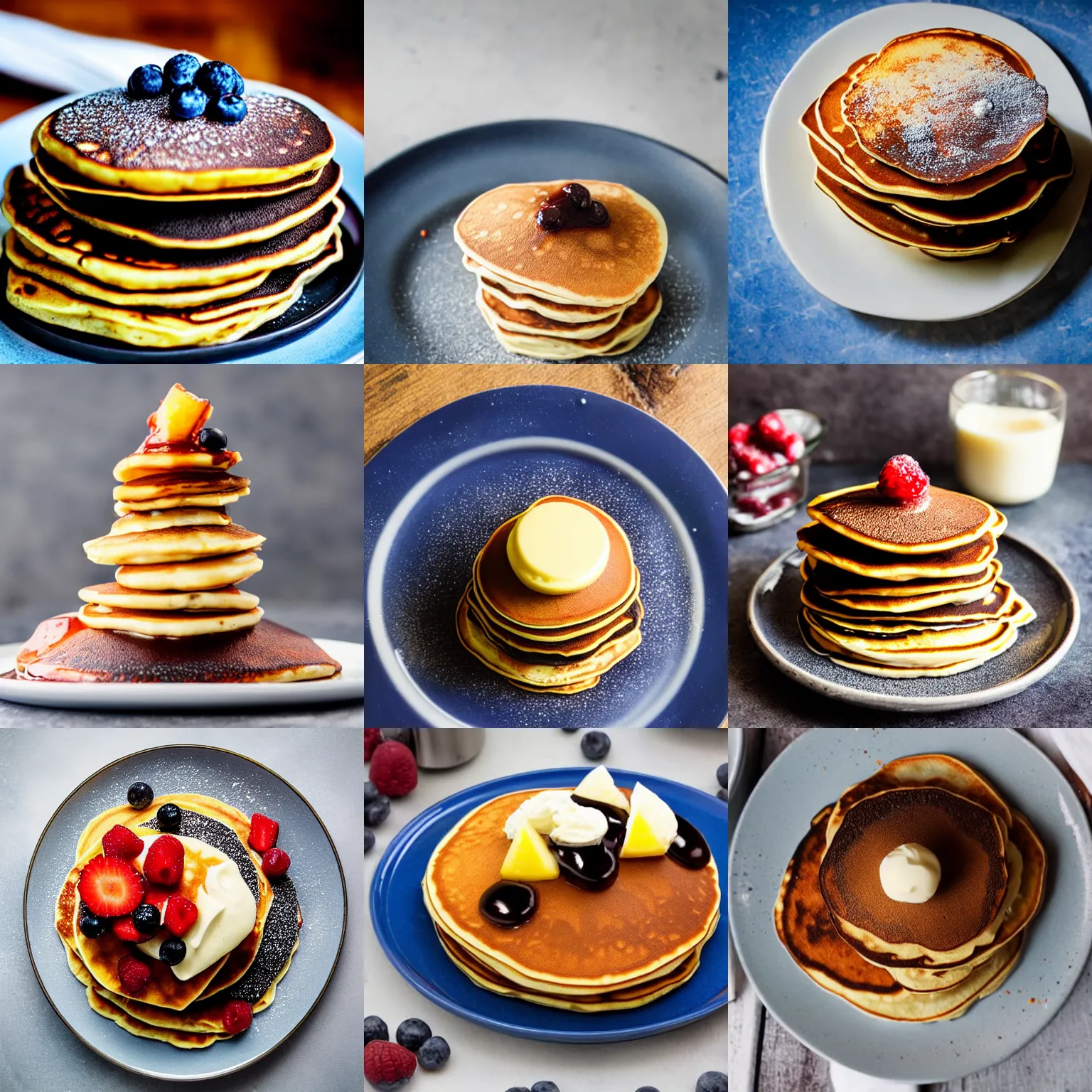 Prompt: Space inspired pancake stack on a plate, seen from the side, f3.2, 50mm