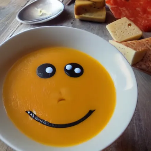 Prompt: a soup monster made out of cheese smiling back at you