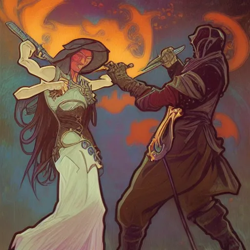 Image similar to a necromancer fighting another warlock with magic, epic , Grim fantasy, illustration , concept art, Alphonse Mucha style,