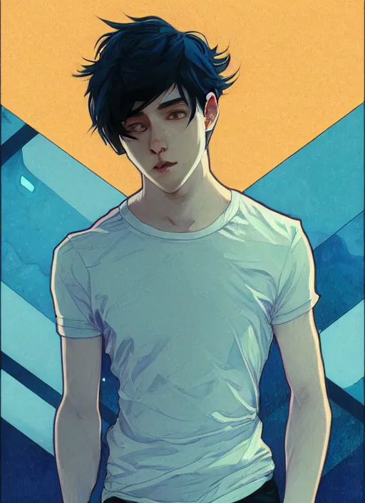 Image similar to handsome young man with short black hair, male, dressed in blue, looking down, half body shot, arms down, path traced, highly detailed, high quality, digital painting, posuka demizu, alphonse mucha, alena aenami