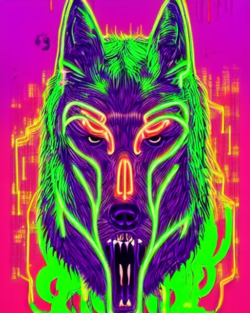 Prompt: cybernetic wolf illustrated face with twisting wires and dripping neon paint, dark fantasy grunge stylized illustration by dan mumford