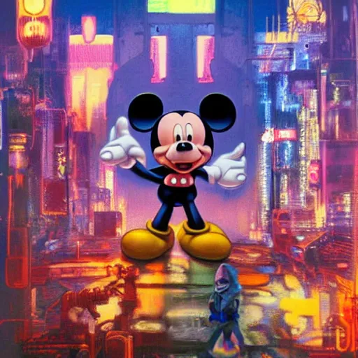 Image similar to a group of people standing around a mickey mouse, cyberpunk art by drew struzan, cgsociety, sots art, dystopian art, reimagined by industrial light and magic, concept art