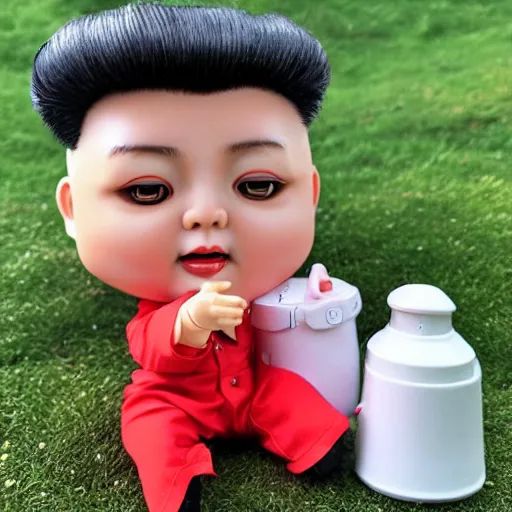 Image similar to screaming kim jong un doll having a lovely picnic with bts boy band dolls