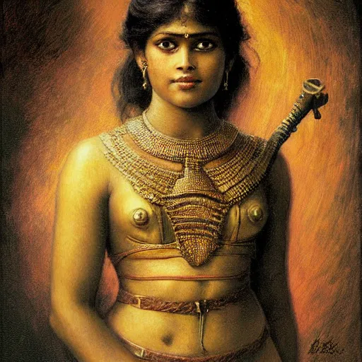 Prompt: detailed potrait 8 0 s srilankan girl bane's face armour, girl graceful,, painting by gaston bussiere, craig mullins, j. c. leyendecker, lights, art by ernst haeckel, john william godward, hammershøi,,