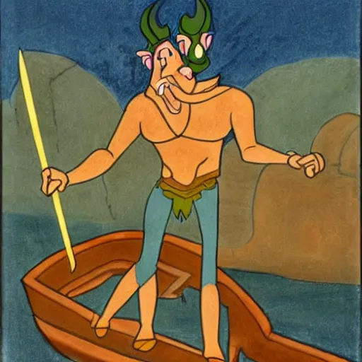 Image similar to hades from the cartoon Hercules on a boat on the River Styx, minimal, Spanish folk art