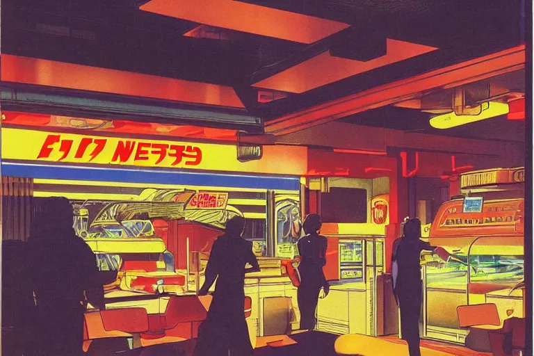 Image similar to 1 9 7 9 science fiction magazine cover depicting a fast food window downtown in neo - tokyo. in the style of bladerunner concept art by syd mead