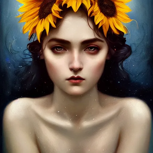 Image similar to sunflower goddess of summer character portrait, in the style of charlie bowater, tom bagshaw, and waterhouse, lean face, cinematic lighting, beautiful, elegant, oil painting, cinematic, portrait, raphaelite, headroom, headshot photograph