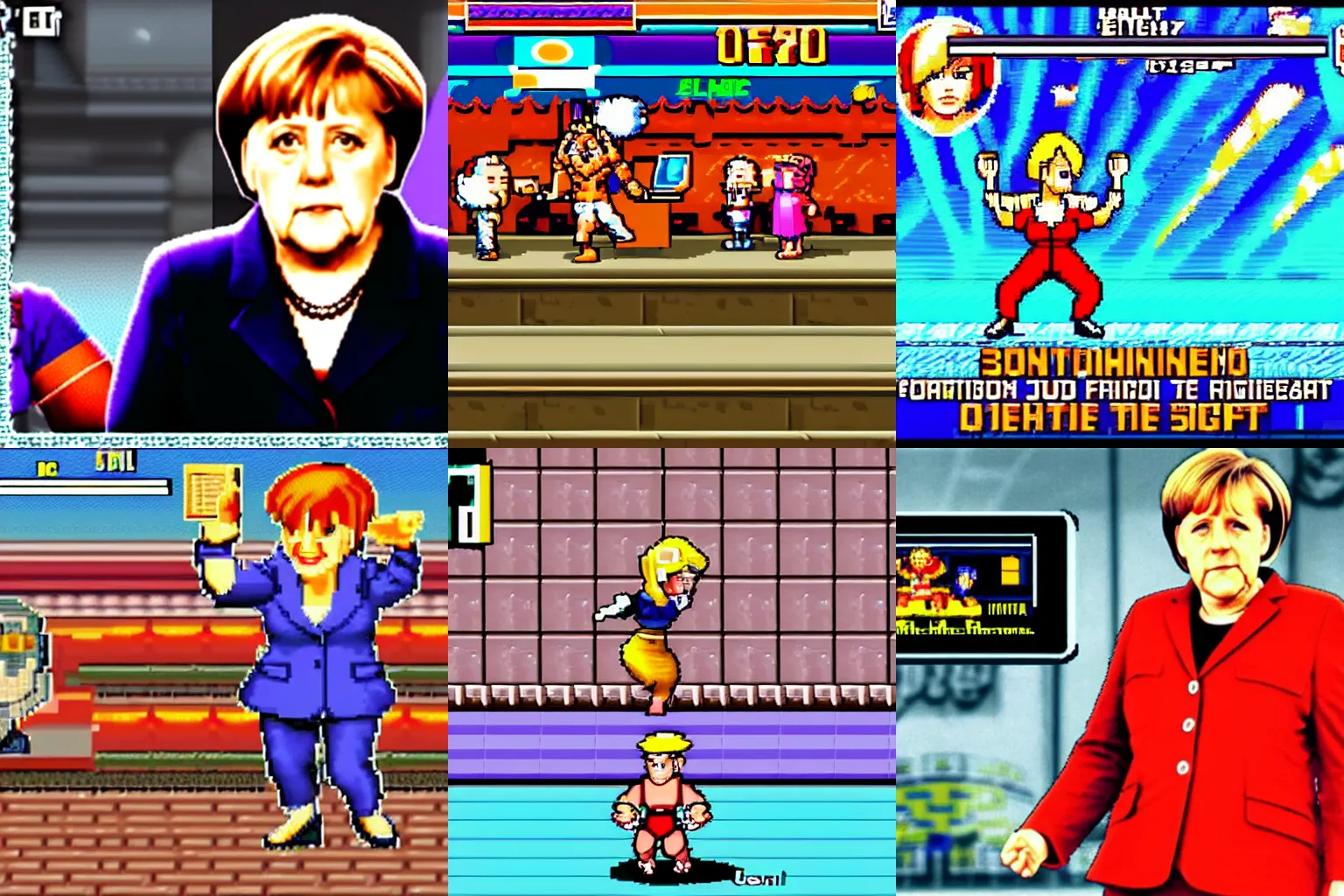 Prompt: screenshot of Angela Merkel in the Game street fighters, Super Nintendo