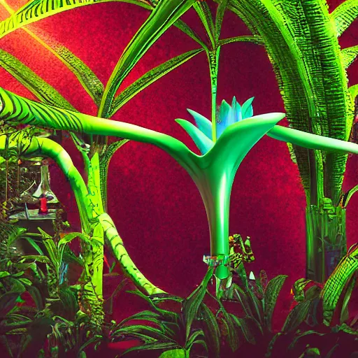 Prompt: vintage photo, scientist in a hazmat suit halfway inside a massive exotic colorful tropical alien carnivorous plant, extremely detailed. stark. refraction. shallow depth of field. volumetric light and shadow. ray tracing. light rays