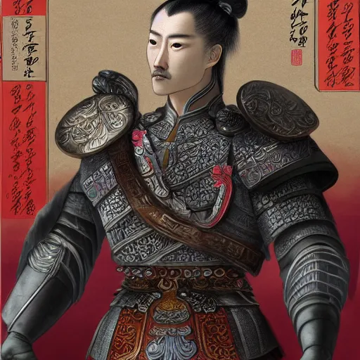 Image similar to dynamic composition, motion, ultra-detailed, incredibly detailed, a lot of details, amazing fine details and brush strokes, colorful and grayish palette, smooth, HD semirealistic anime CG concept art digital painting, watercolor oil painting of a Tang Ming dynasty chinese tao fantasy general wearing armor, from Three Kingdoms, by a Chinese artist at ArtStation, by Huang Guangjian, Fenghua Zhong, Ruan Jia, Xin Jin and Wei Chang. Realistic artwork of a Chinese videogame, gradients, gentle an harmonic grayish colors.