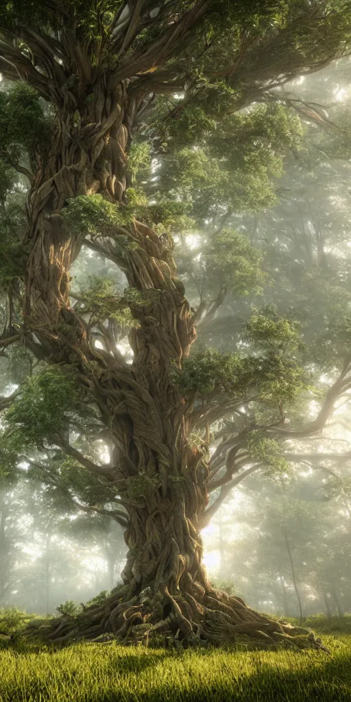 Prompt: photorealistic wide shot of a giant tree made with thousands of Groot, octane render, unreal engine 4k, volumetric light, fog, detailed